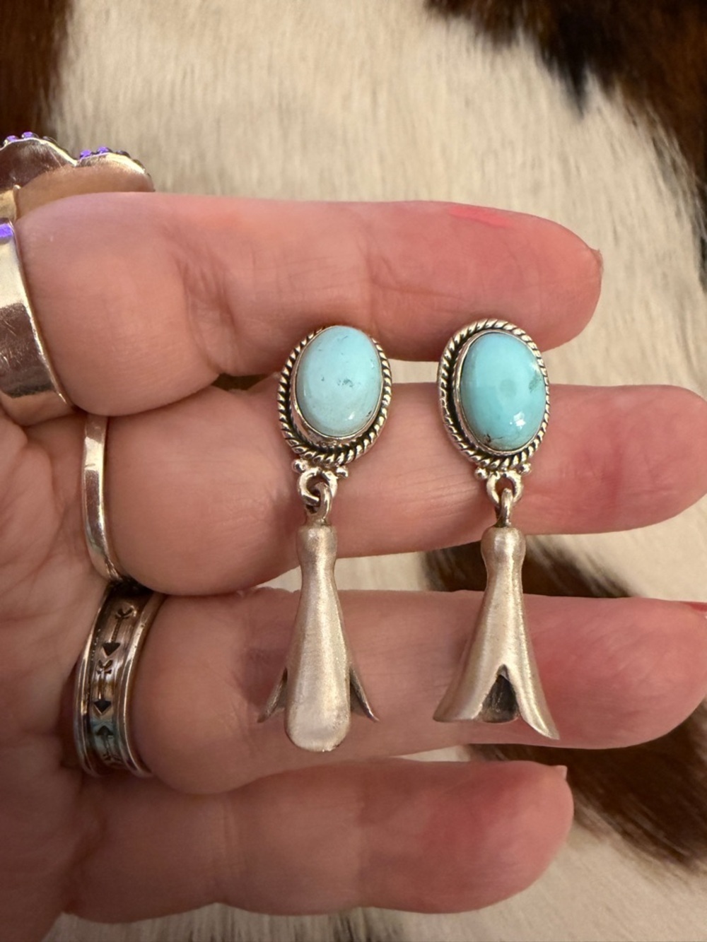 ❤️ Turquoise #8 Matte Sterling Navajo Style Dangle Squash Blossom Earrings